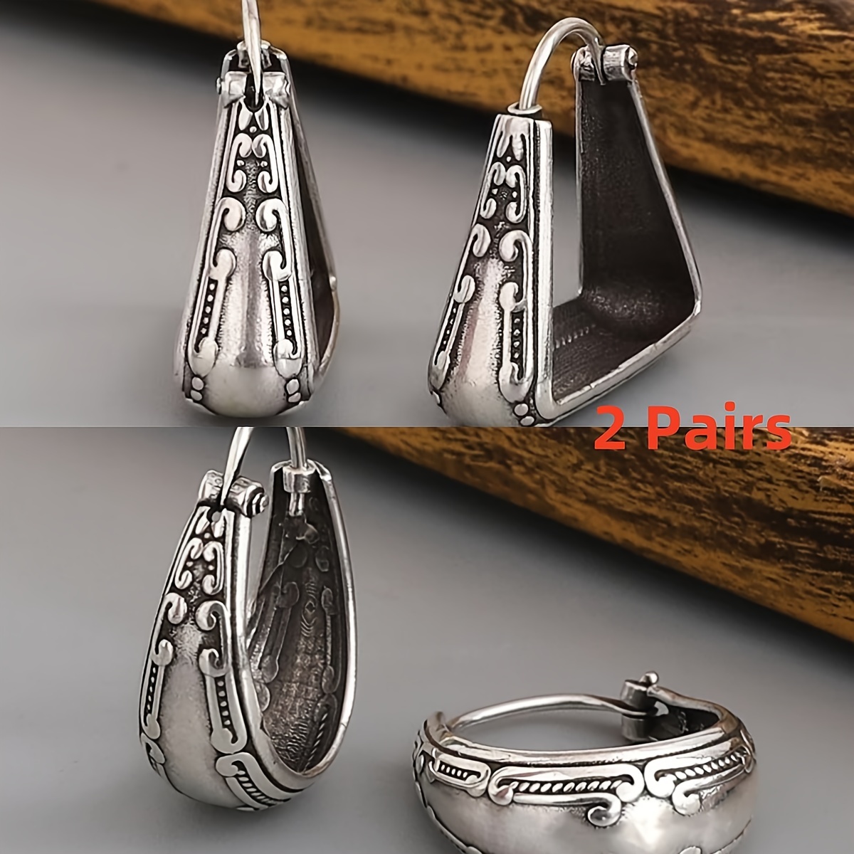 TEMU 2 Pairs Vintage Geometric Irregular Hoop Carved Pattern Earrings, Simple Retro Ethnic Style Trendy Alloy Jewelry For Women, Perfect Gift For Holiday Birthday Party Anniversary Daily Wear