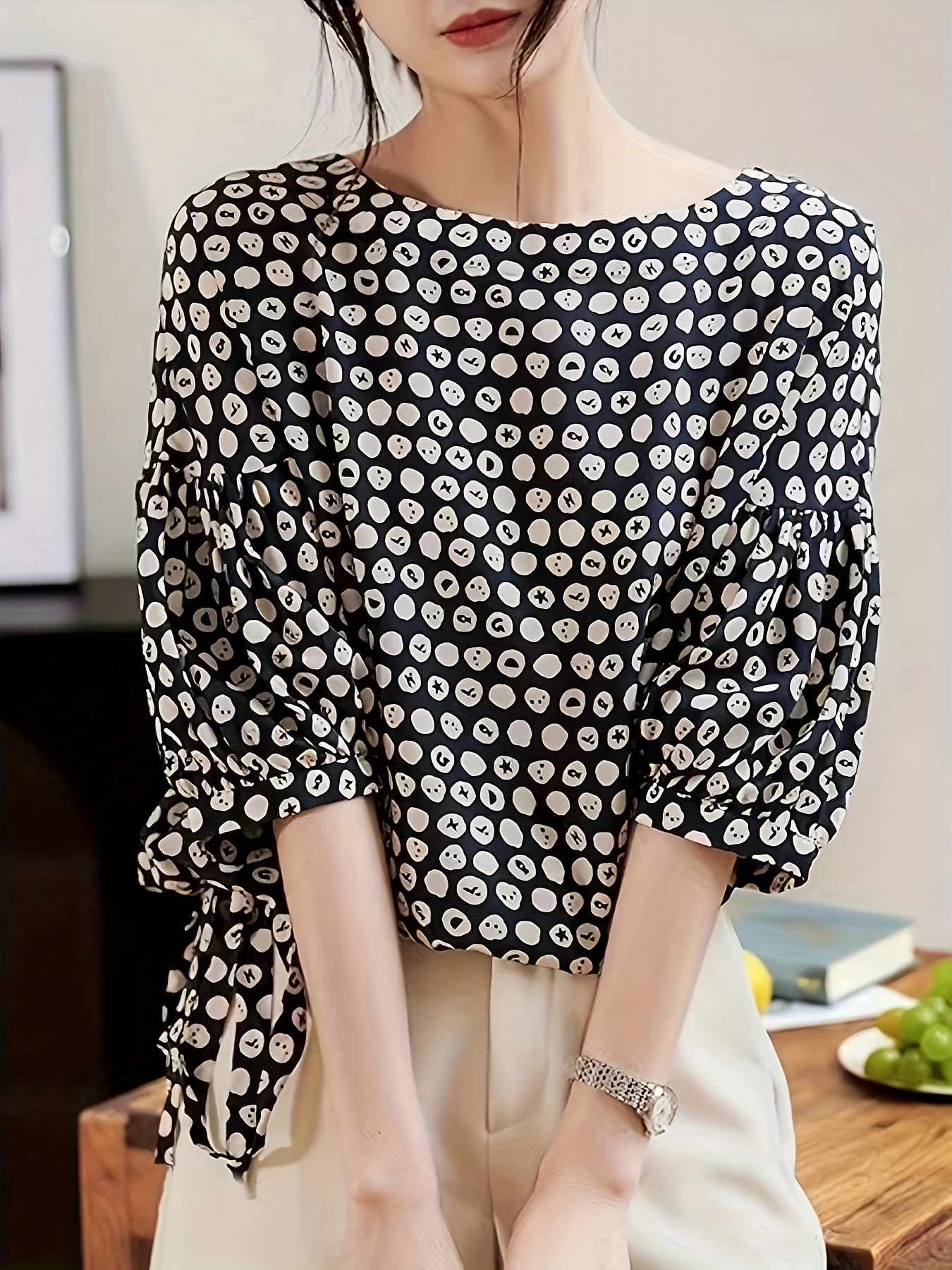 loose printed womens round neck drawstring waistband t shirt loose fit
