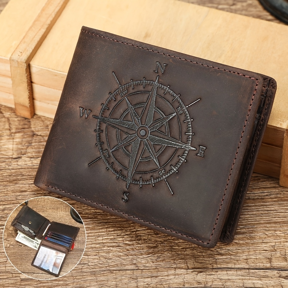 Image of Men's Leather Wallet Retro Compass Design With Rfid Anti-skimming Protection Premium-feel, Spacious Interior Holds Multiple Credit Cards Ideal For Daily Use For Holidays, Birthdays, And Anniversaries