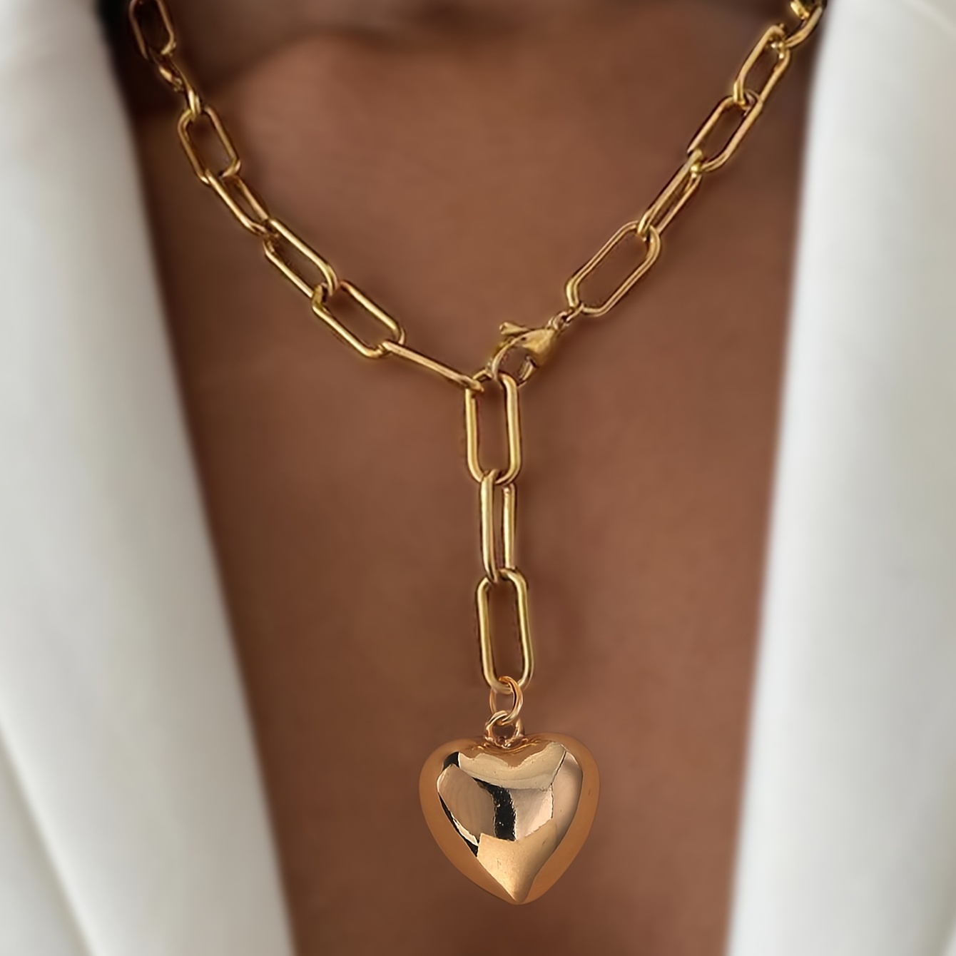 

Glossy Heart Pendant Necklace Y Shaped Clavicle Chain Paperclip Collarbone Necklace For Daily Party Banquet Wear