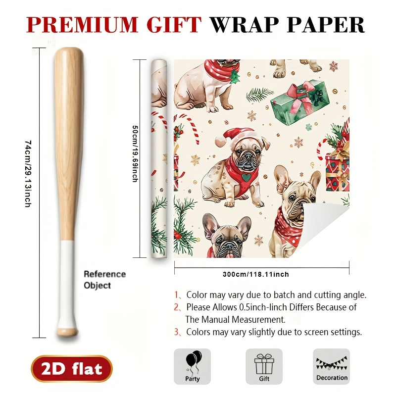 TEMU 1 Roll French Bulldog Wrapping Paper Suitable For Diy Crafts - Roll With Beige Frenchie, Santa Hat & Red Scarf Design, Suitable For Gift Boxes,