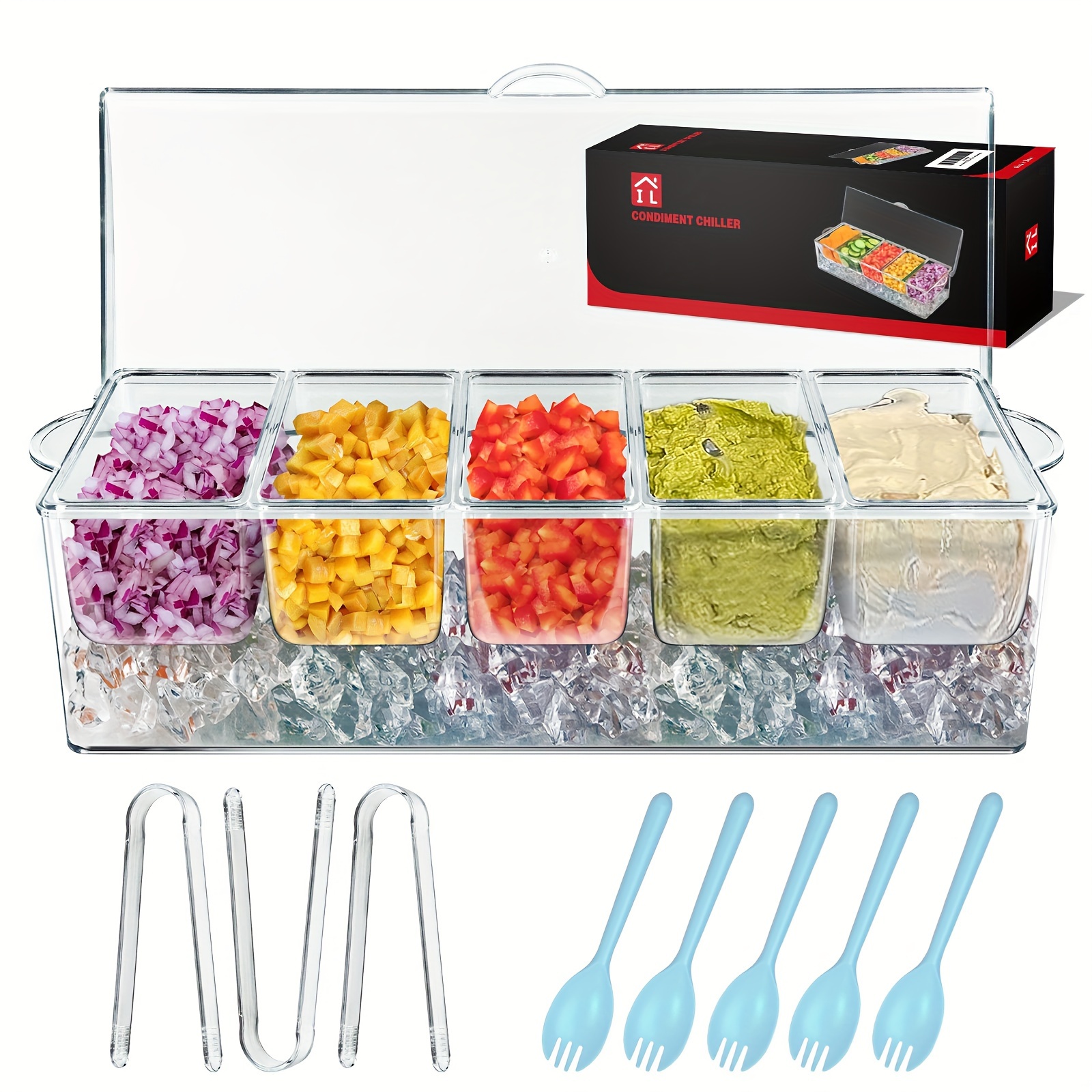 TEMU For Bar Serving Tray With 5 Compartments Container, 5 Forks And 3 Pliers, Fruit Trays For Serving, Garnish Platters With Lid, Cold Seasoning