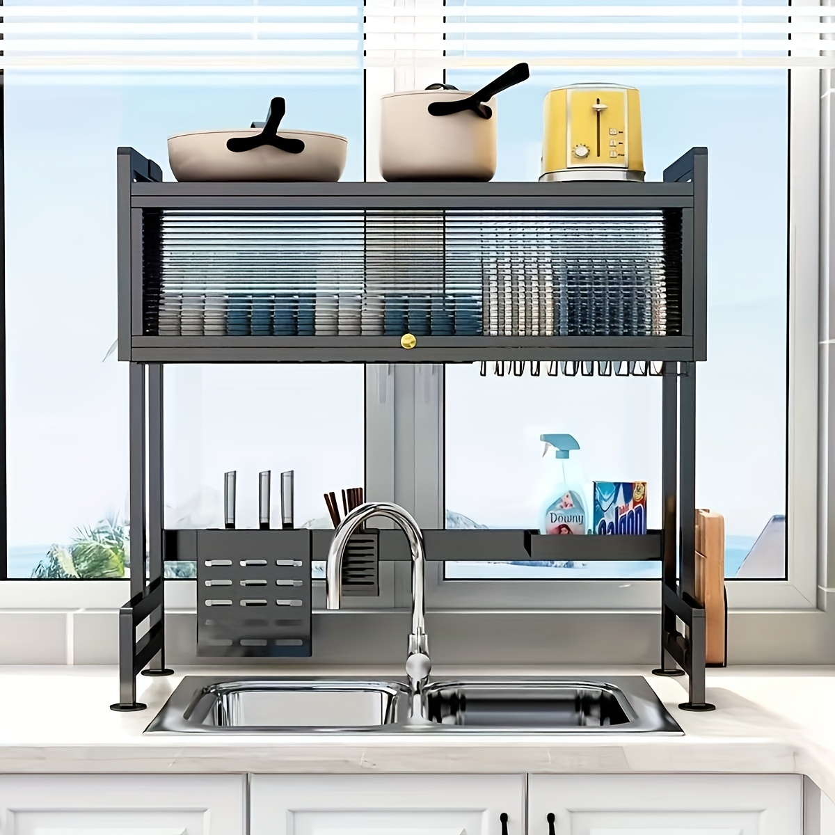 TEMU Over The Sink Dish Drainer Drying Rack, 3 Tier Over The Sink Dish Rack With Cover For For Dishes, Glasses, Bowls And Cutlery, Dish Drainers