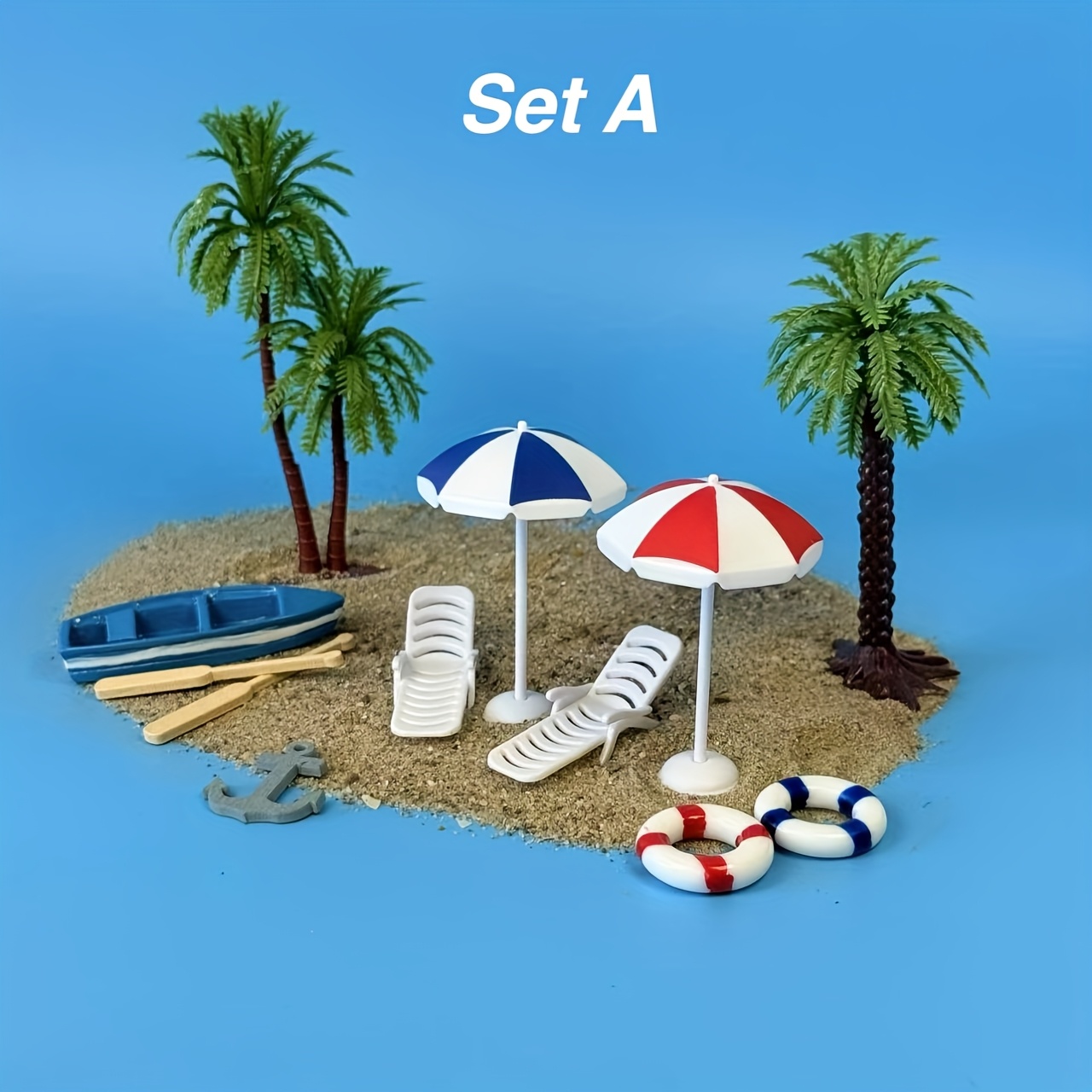 E-shop 12-teiliges Ins-Style 3D-geprägtes Strandökosystem-Kettenset mit Liegestuhl, , Palmenbaum und Paddel für Miniatur-Landschaftsdekoration