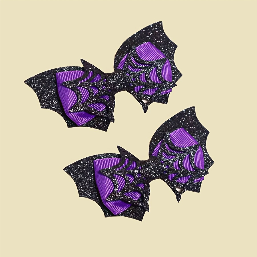 2pcs Glitter Bat And Web Hair Clips - Retro Bohemian Style Multicolor Fabric Bowknot Women Additions - Great For Halloween