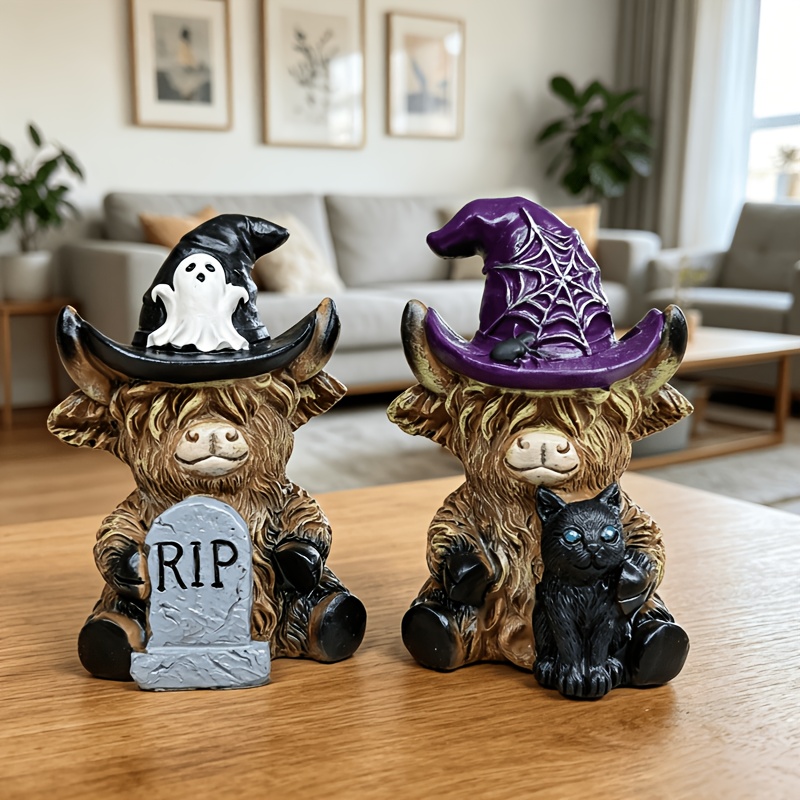 TEMU 2pcs Yi Zhitan Highland Cow Ornament Set With Tombstone & Black Cat Cow Statues - Resin Gothic Scottish Cow Decor Suitable For Desktop,
