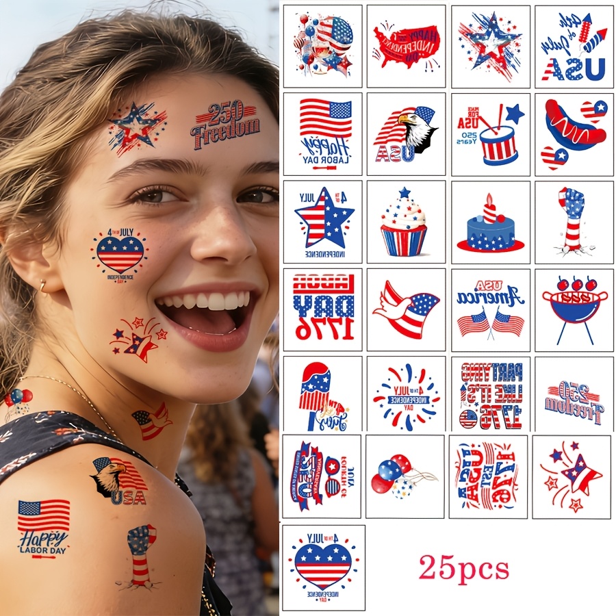 250th anniversary commemorative usa temporary tattoo stickers 25 sheets american flag tattoo stickers balloons hearts stars bald   makeup patterns   stickers 1776 to 2026 250th anniversary commemorative decorations