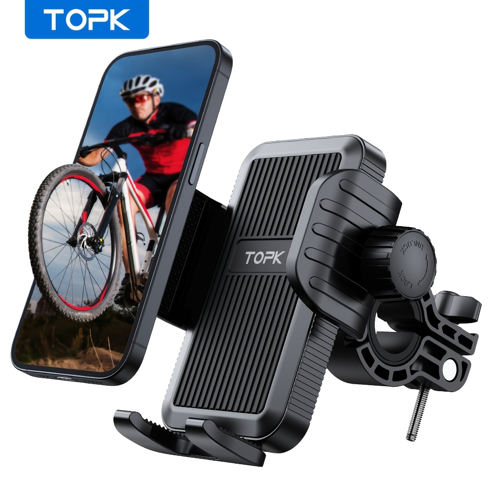 TEMU Topk Motorcycle & Bike Phone Mount - Heavy-duty Handlebar Clamp With Anti-shake Technology, For Bicycle/e-bike/scooter, 360° Adjustable,