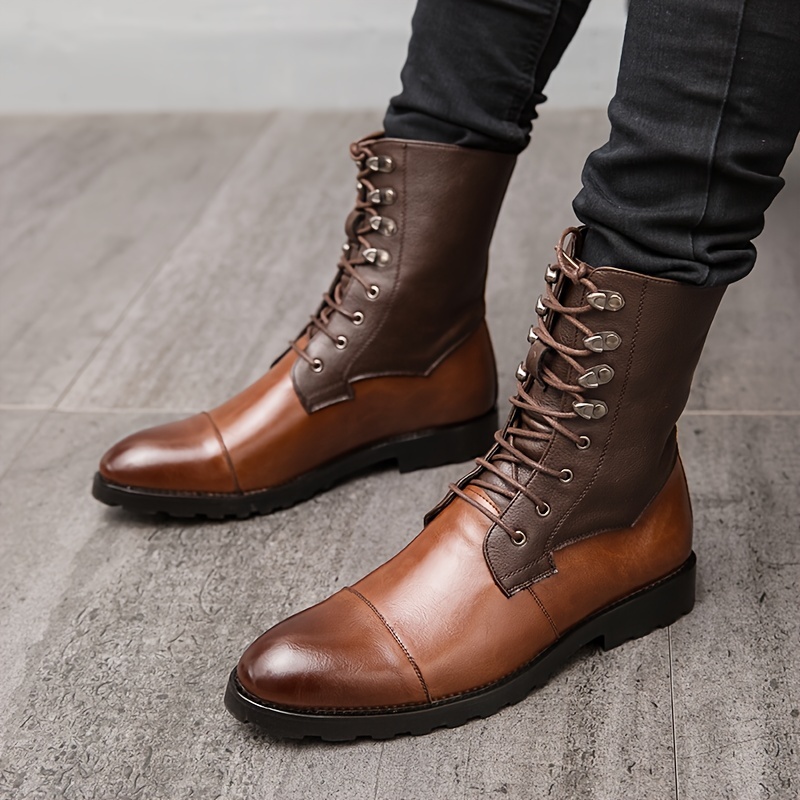 

Men's Stylish British-inspired High-top Boots - Lace-up, Durable Faux Leather With Rubber Sole