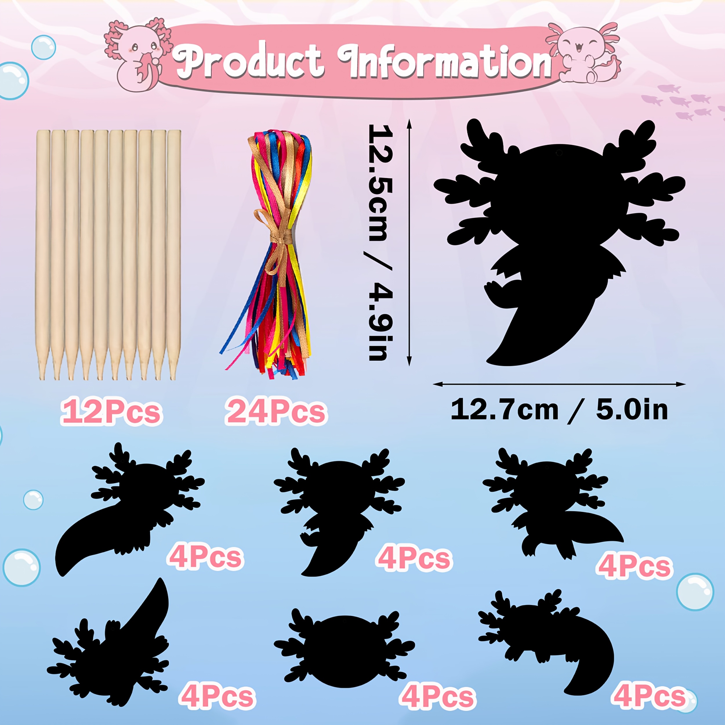Image of 48/24pcs Axolotl Scratch Card Gifts Ornaments Set, Magic Axolotl Craft Kit, Colorful Hanging Tags Party Favors For Birthday School Classroom Art Activity