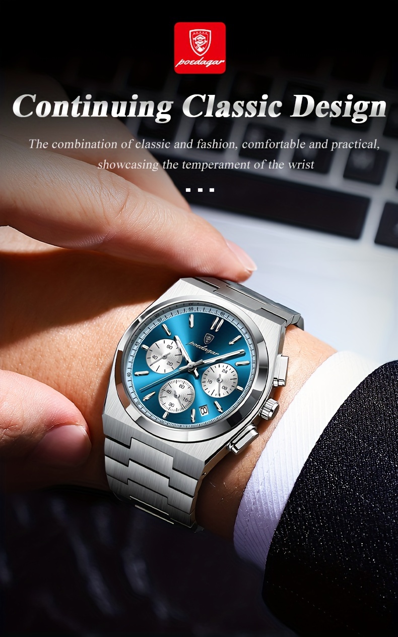 high end business luxury stainless steel quartz watch mens waterproof luminous calendar chronograph wristwatch details 14