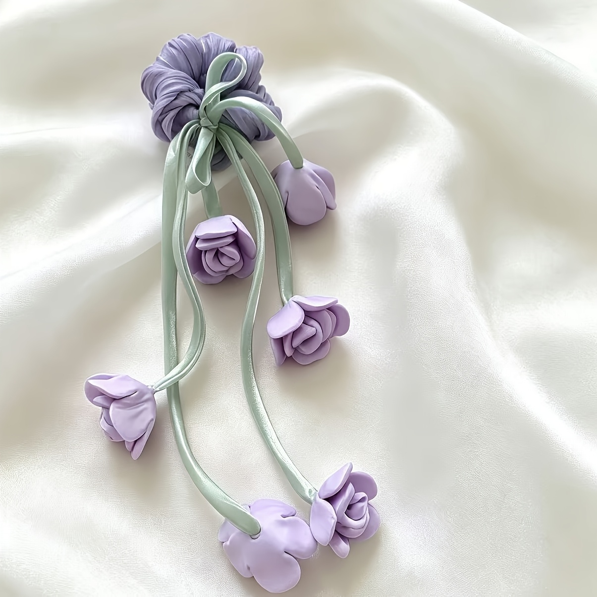 TEMU Lily Tulip Floral Large Hair Tie, Women's Fashion Long Tassel High Elastic Hair Ring, Ponytail Hair Tie, Women's Hair Accessory Suitable For