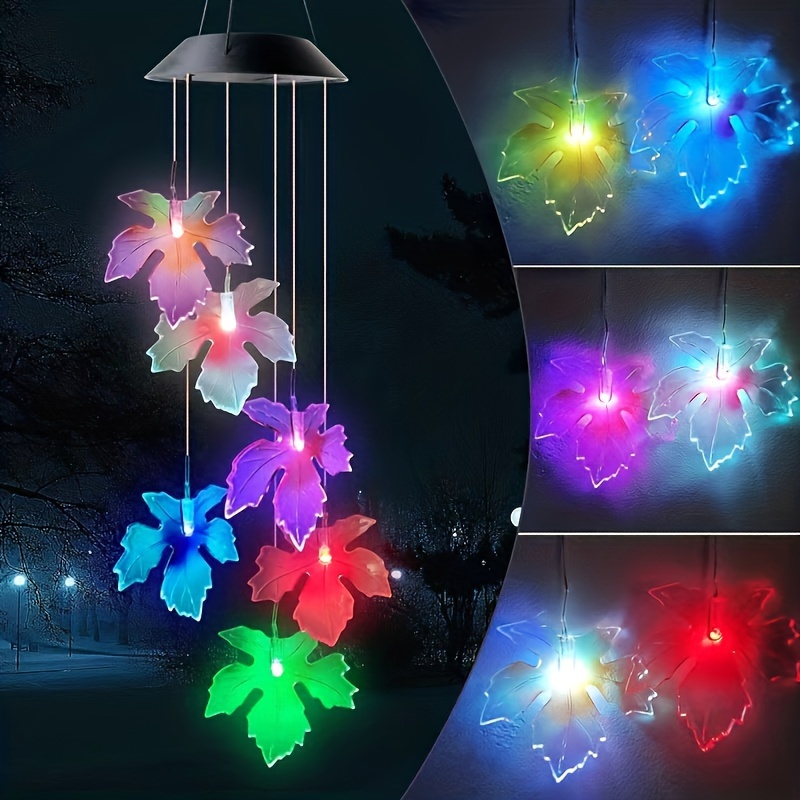 solar powered led maple leaf wind chime pendant lights energy   semi flush mount hanging lamp with 600mah nickel battery plastic shade detachable fixtures switch control no remote festive atmosphere lighting for   landscape details 0