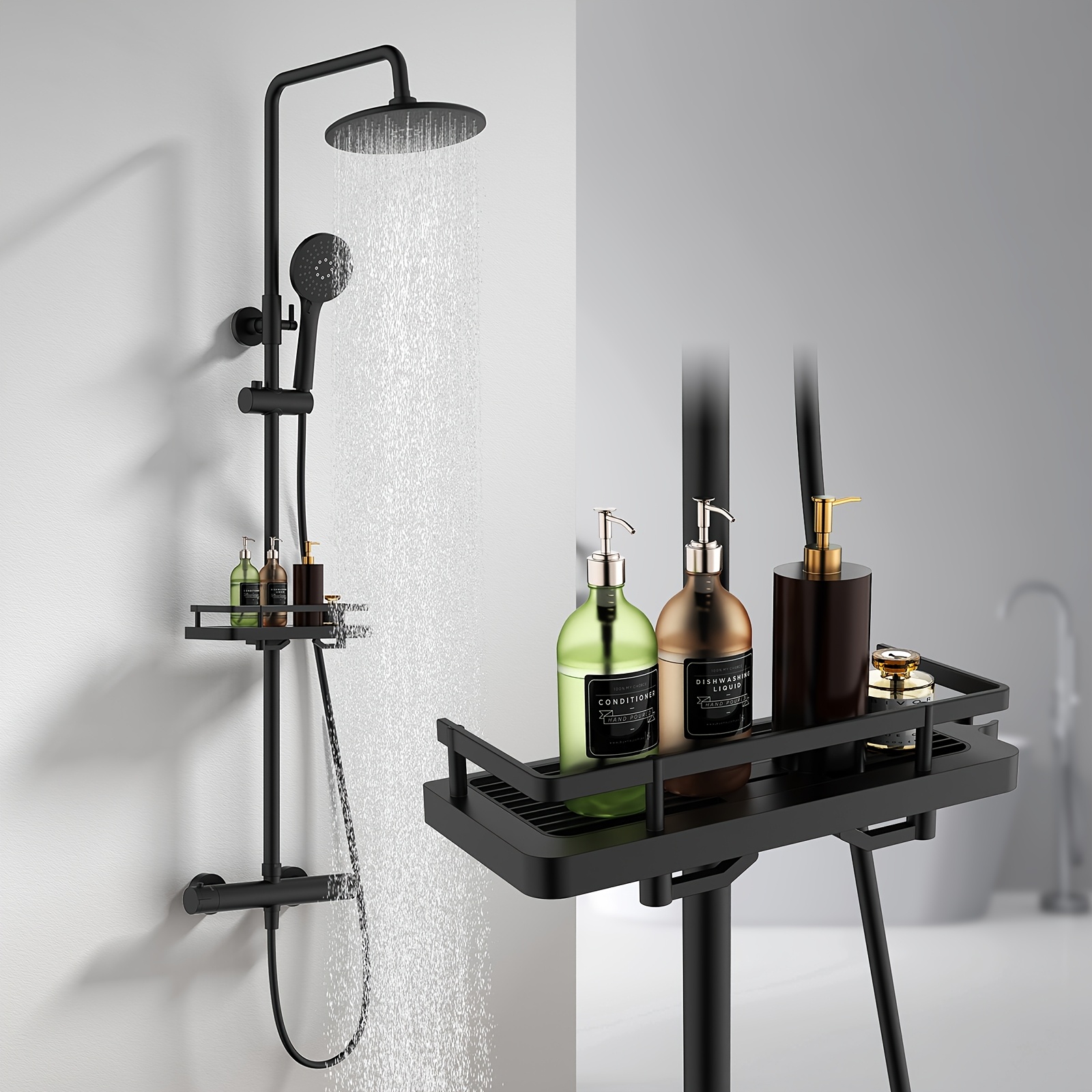 Thermostatic Shower Faucet, Shower Set, With Shelf, To Punch Holes , Adjustable Height, 3-function Hand Shower, Pvc Hose, Stainless Steel Material, Black