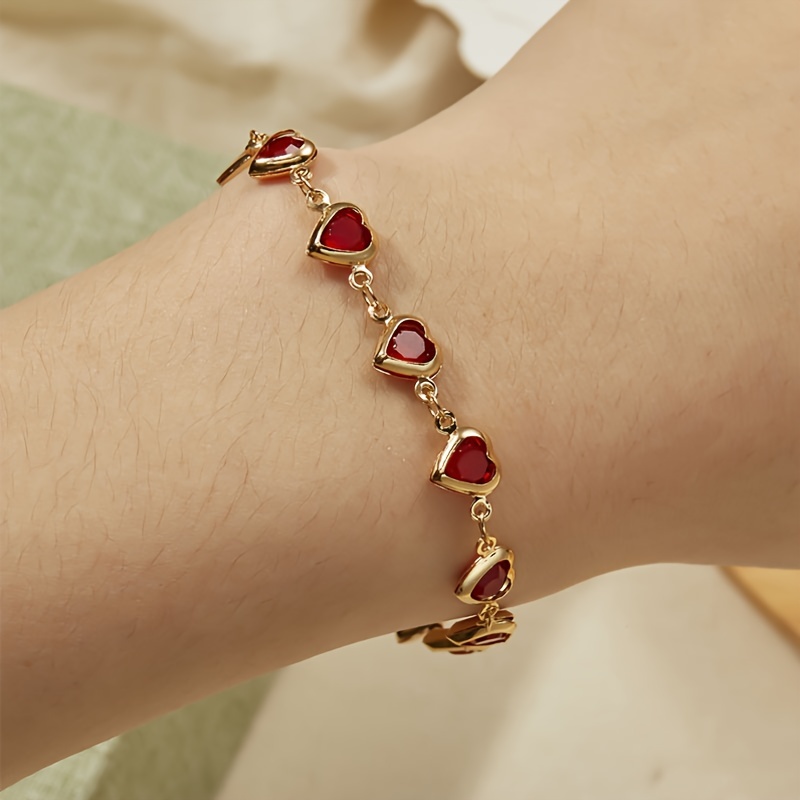 Heart Shaped Beaded Bracelet for Women with Synthetic Ruby Accents