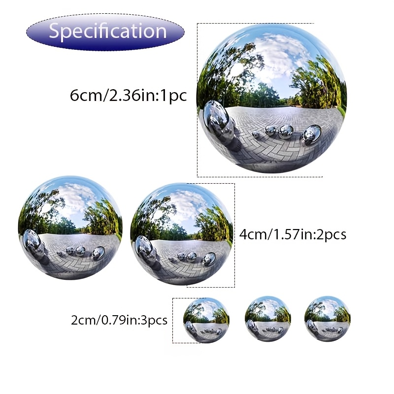 E-shop 6er-Set Edelstahl Runde Reflektierende Spiegelkugel (3 Größen von 0.79In-2.36In), Hohlkugel, Dekokugel, Edelstahl Schwimmkugel,