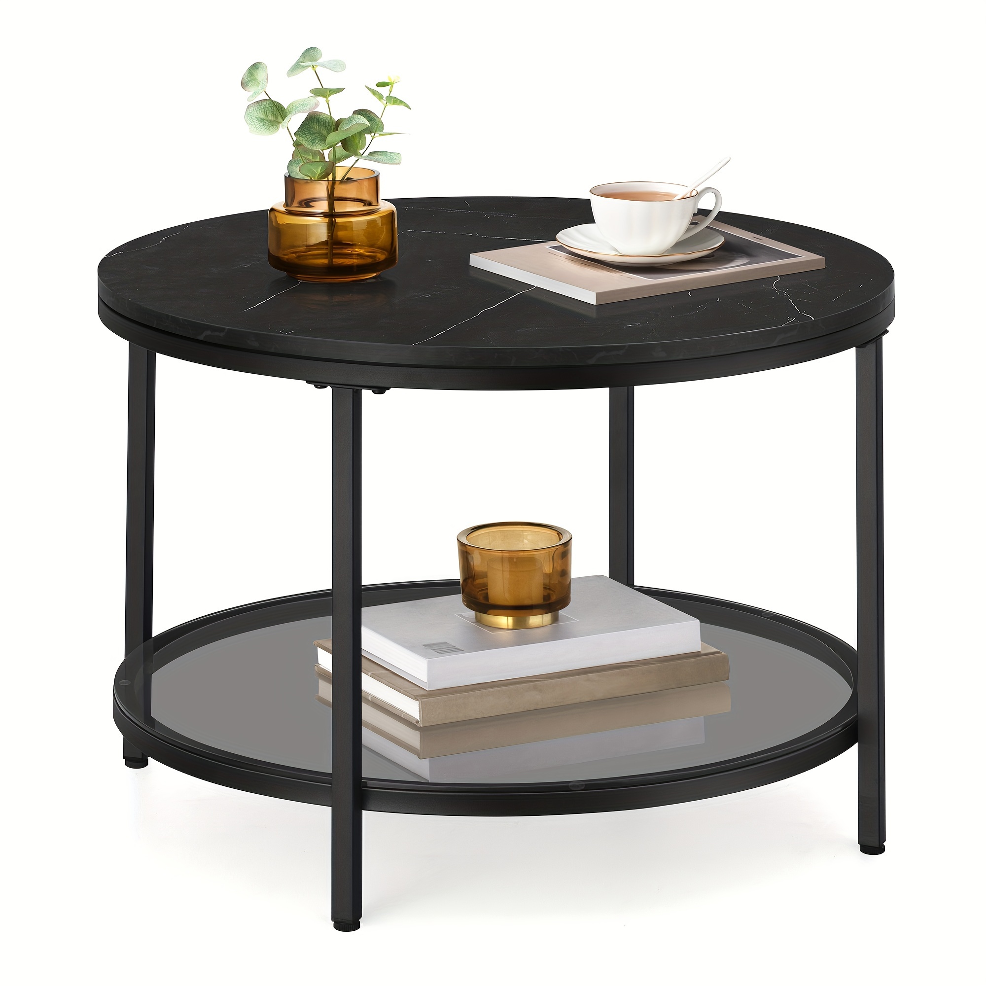 

1pc Round Coffee Table, Small Coffee Table With Faux Marble Top And Glass Storage Shelf, 2-tier Circle Coffee Table, Modern Center Table For Living Room, Marble Black And Ink Black