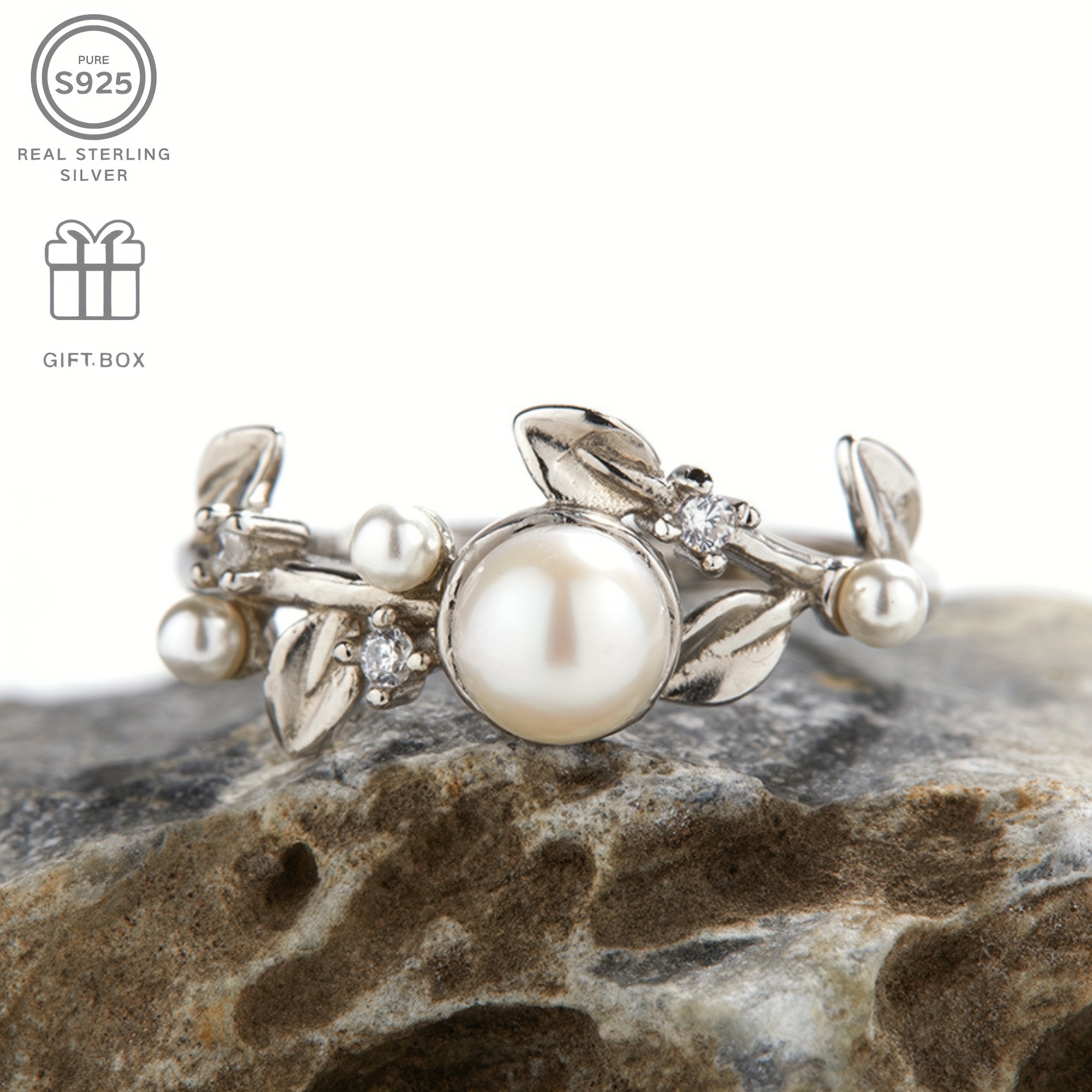 Adjustable S925 Silver Ring with Freshwater Pearl & Grape Leaf