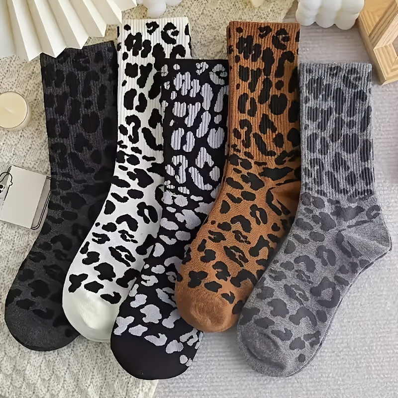 

5 Pairs Of Leopard Print Mid-calf Socks - Stylish High Waist, Polyester , For Autumn And Winter, Leopard Print Socks.