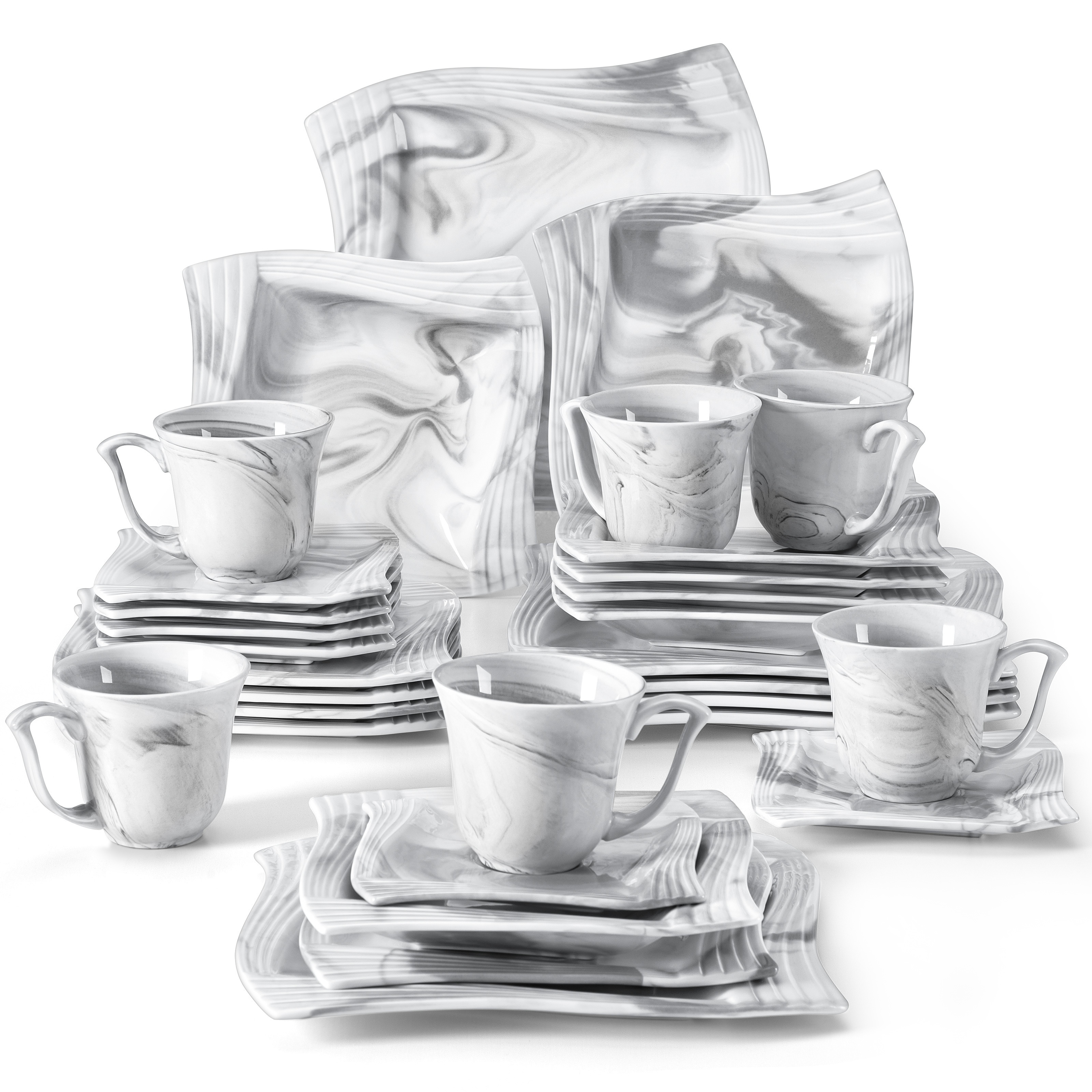 Image of 30pcs Dinnerware Set Ceramic Dinner Set Service For 6 People Kitchen Dining Set Marbe Grey Plates And Bowls Set With 6pcs Dinner Plates/dessert Plates/soup Bowls/cups And Saucers