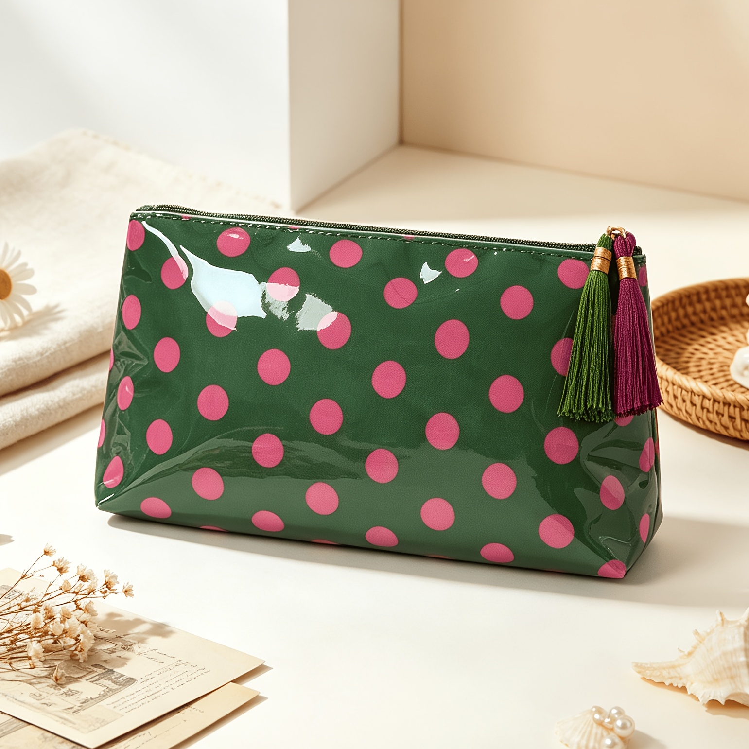TEMU Trousse de maquillage rétro à multicolores avec fermeture éclair à pompon - Légère et portable, convient pour cosmétiques, rouge à lèvres,