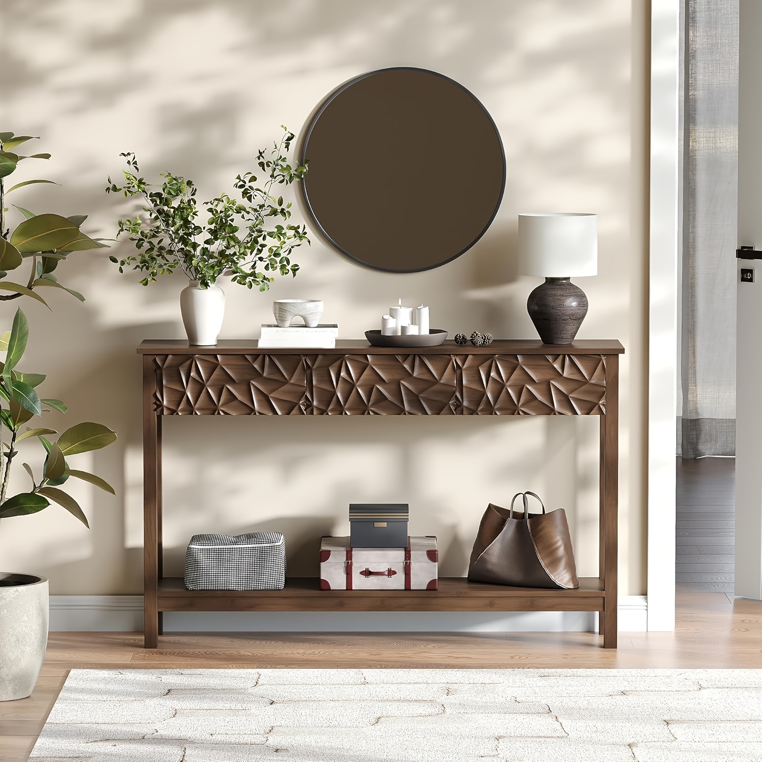 Kinder King 51 Inch Modern Console Table Farmhouse Entryway Table with 3 Drawers Narrow Wood Entry Way Table with Open Storage Shelf Long Sofa Table Behind Couch for Hallway, Foyer, Living Room, Walnut