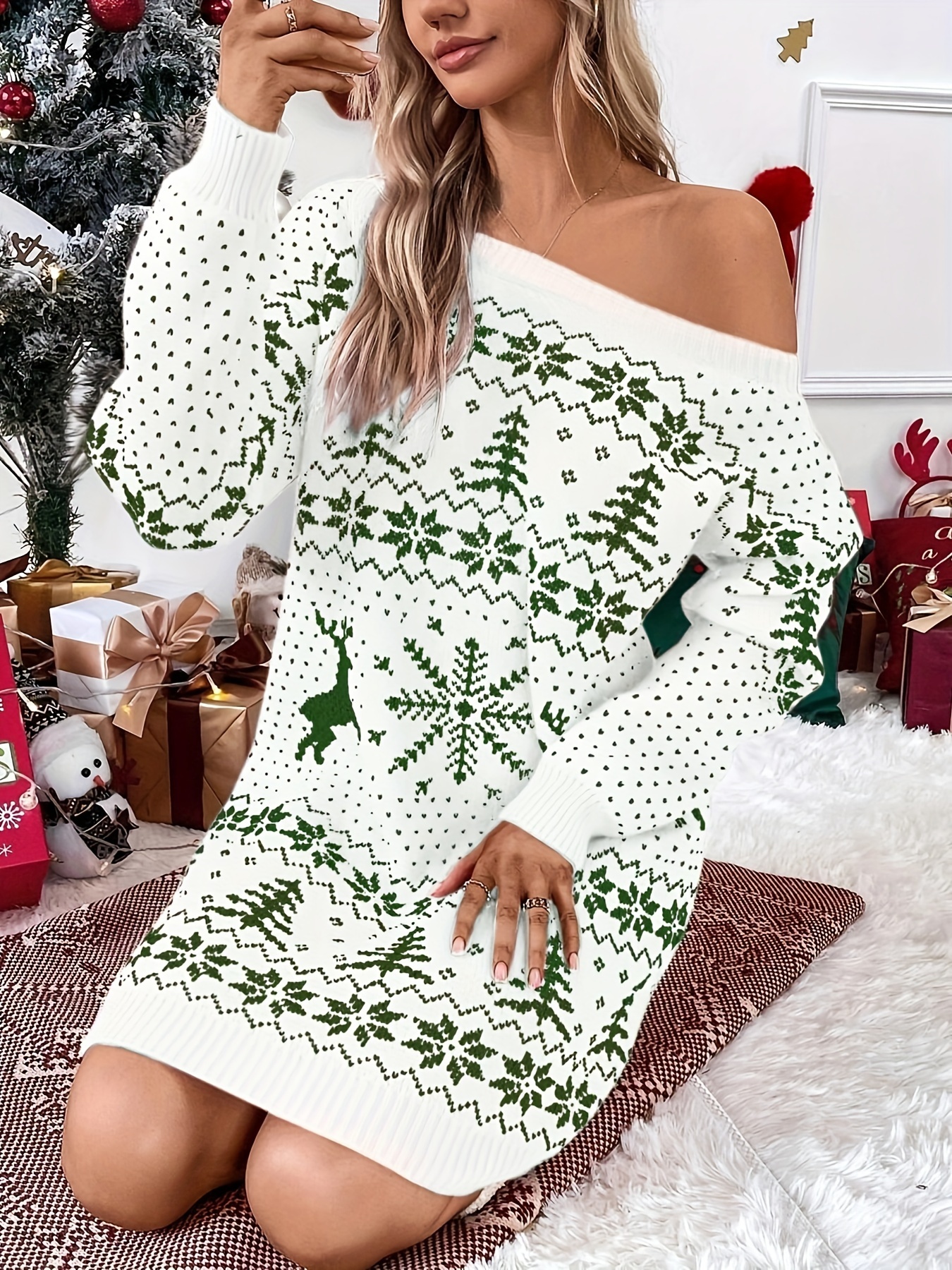 Robe pull de Noël pour femme avec col rond Style tunique décontracté et  élégant en 100 polyester Motif et