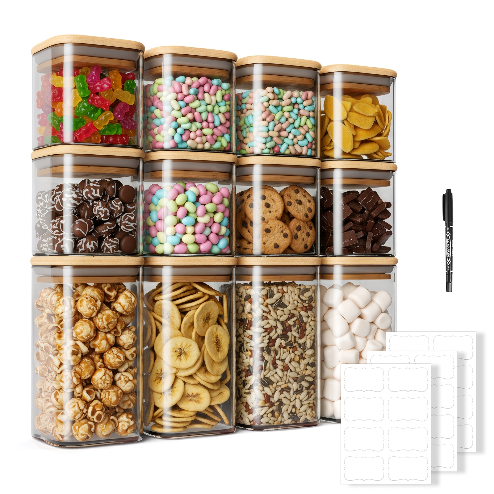 Image of 12pcs Borosilicate Glass Storage Jar Set With Bamboo Lids, Sealed Kitchen Containers, Clear Storage Set, Glass Storage Jars, Microwave Safe, Freezer Safe, Leak-proof Seal Lid, Design, Lid