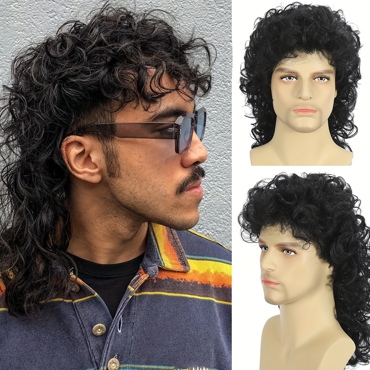 

Men's 16-inch Black Long Curly Wave Wig, 1980s Hippie Rocker Cosplay Party, Heat Resistant Synthetic Hair, 150% Density Cap, Universal People