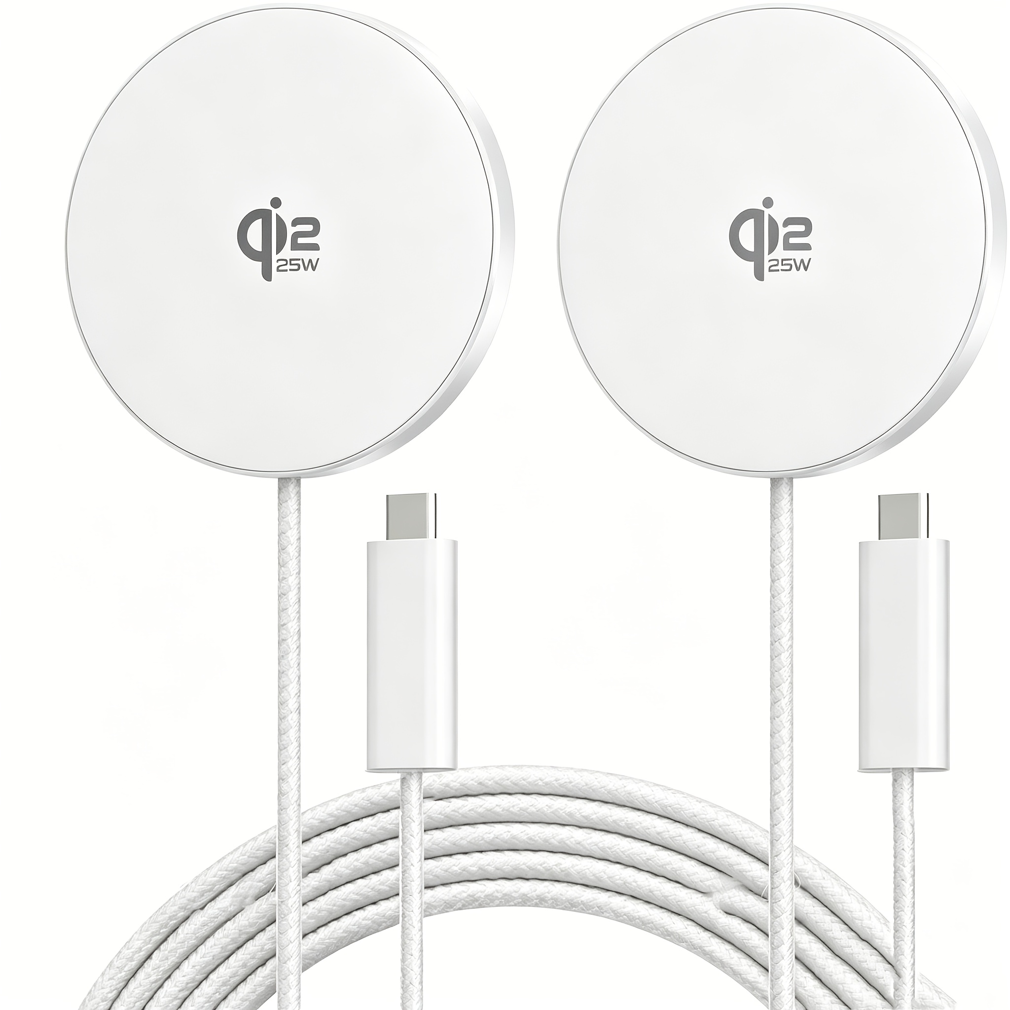 Image of 2pcs Qi2 25w Magnetic Wireless Charger, Fast Charging Pad, 1m Cable, Mag-safe Compatible For Iphone Air/17/16/15/14/13/12, Air-pods 4/3/2/pro, Pixel 10 And -white
