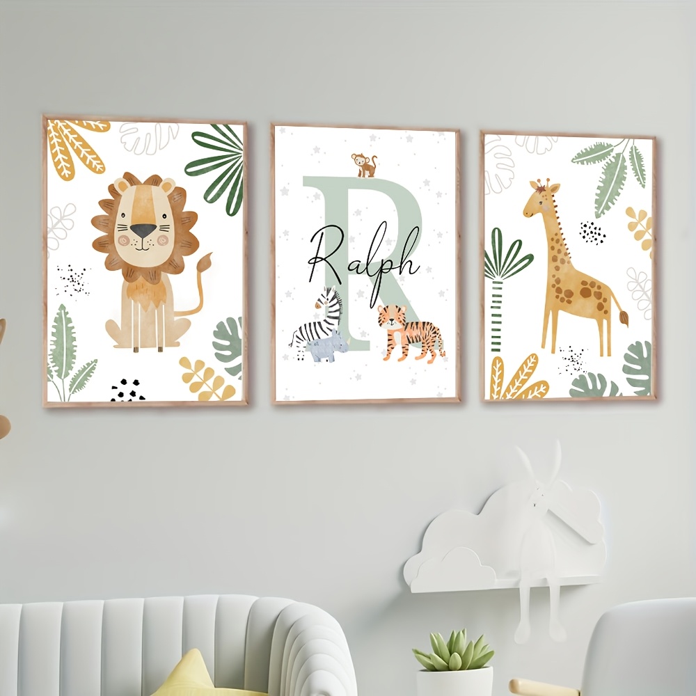 TEMU 2d Flat, A Set Of 3 Custom Name Posters, Personalized Jungle Lion Giraffe Art Canvas Prints, Unframed Animal-themed Art Prints, Botanical Leaf