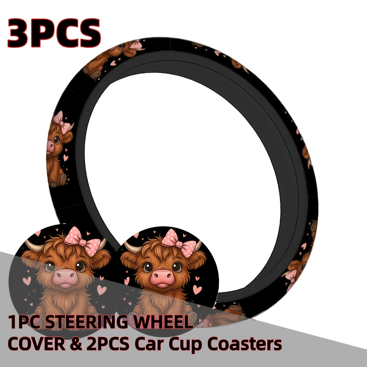 TEMU 3pcs/set Cute Pink Polka Dot Bow Heart Car Additions Set Includes 1pc Steering Wheel Cover And 2pcs Car Cup Coasters, Cartoon Lovely Cow Black