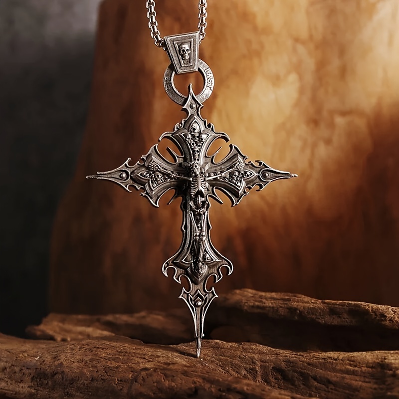1pcs set retro punk skull cross pendant necklace for men and women personalized cool hip hop rock amulet jewelry gift details 1