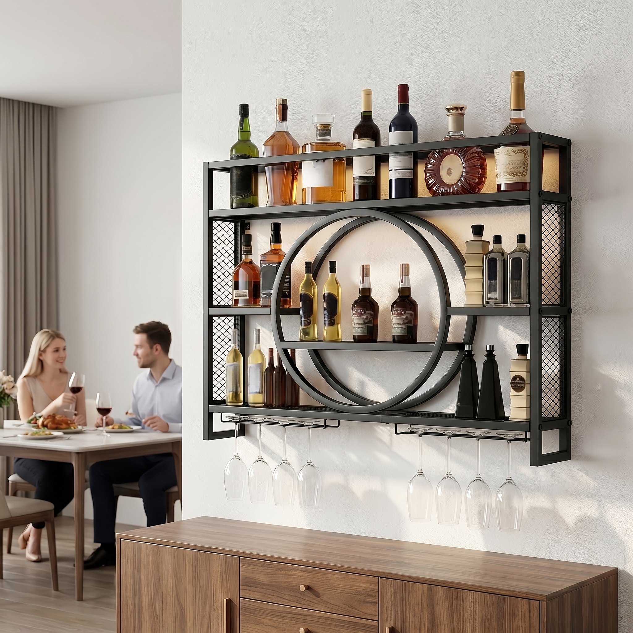 Image of Modern Wall Mounted Wrought Iron Floating Wine Rack With Led Light Strip, Metal Glass Display Storage Shelf, Wall Wine Holder For Bar, Restaurant & Home Decor