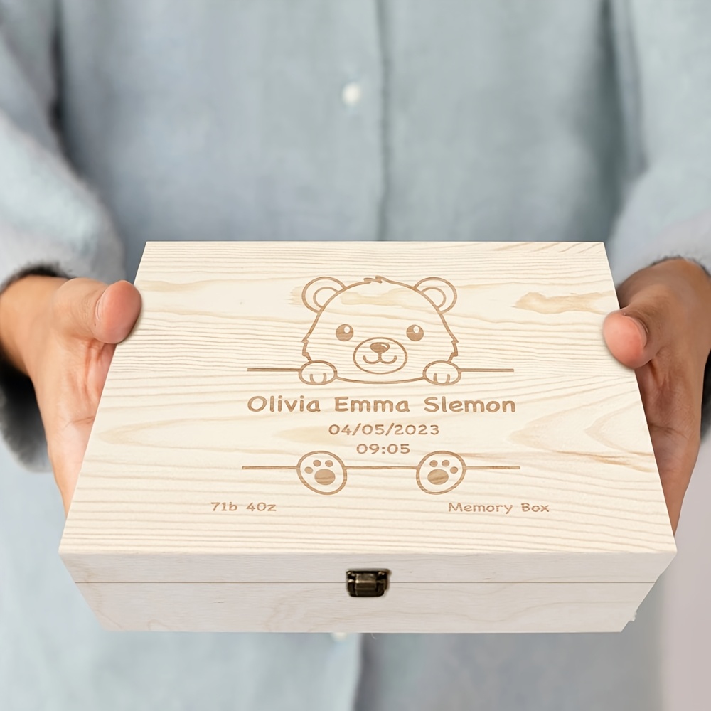 TEMU Customizable Memory Box For Newborns, Featuring A Large Wooden Storage Box With A Cute . This Sizable Memory Box Personalized With , Birth Date,