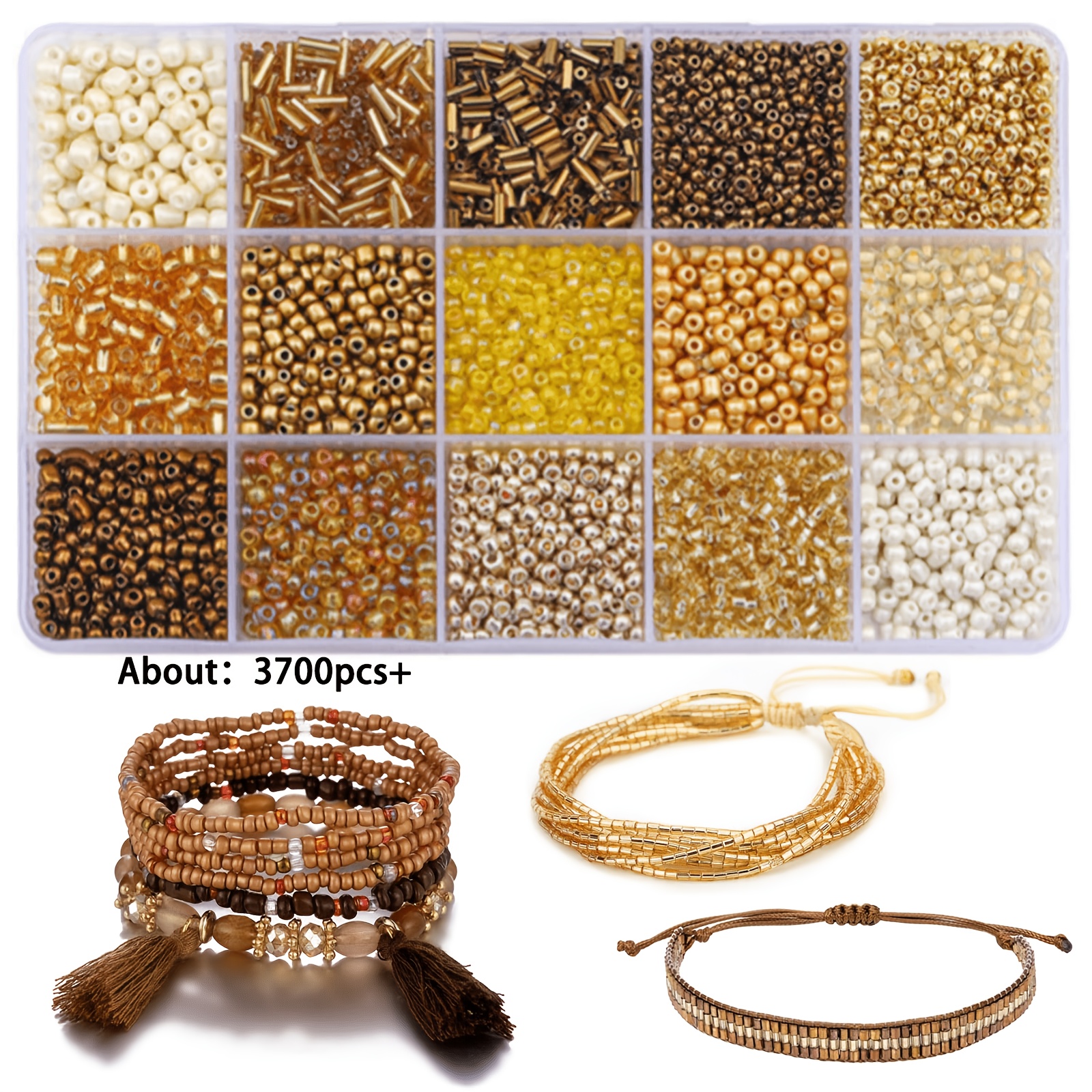 TEMU Kit de 3700 perles de rocaille en verre mélangées de 4 mm et perles tubes de 3 mm, 15 couleurs, pour bracelets d', avec perles tubes miniatures