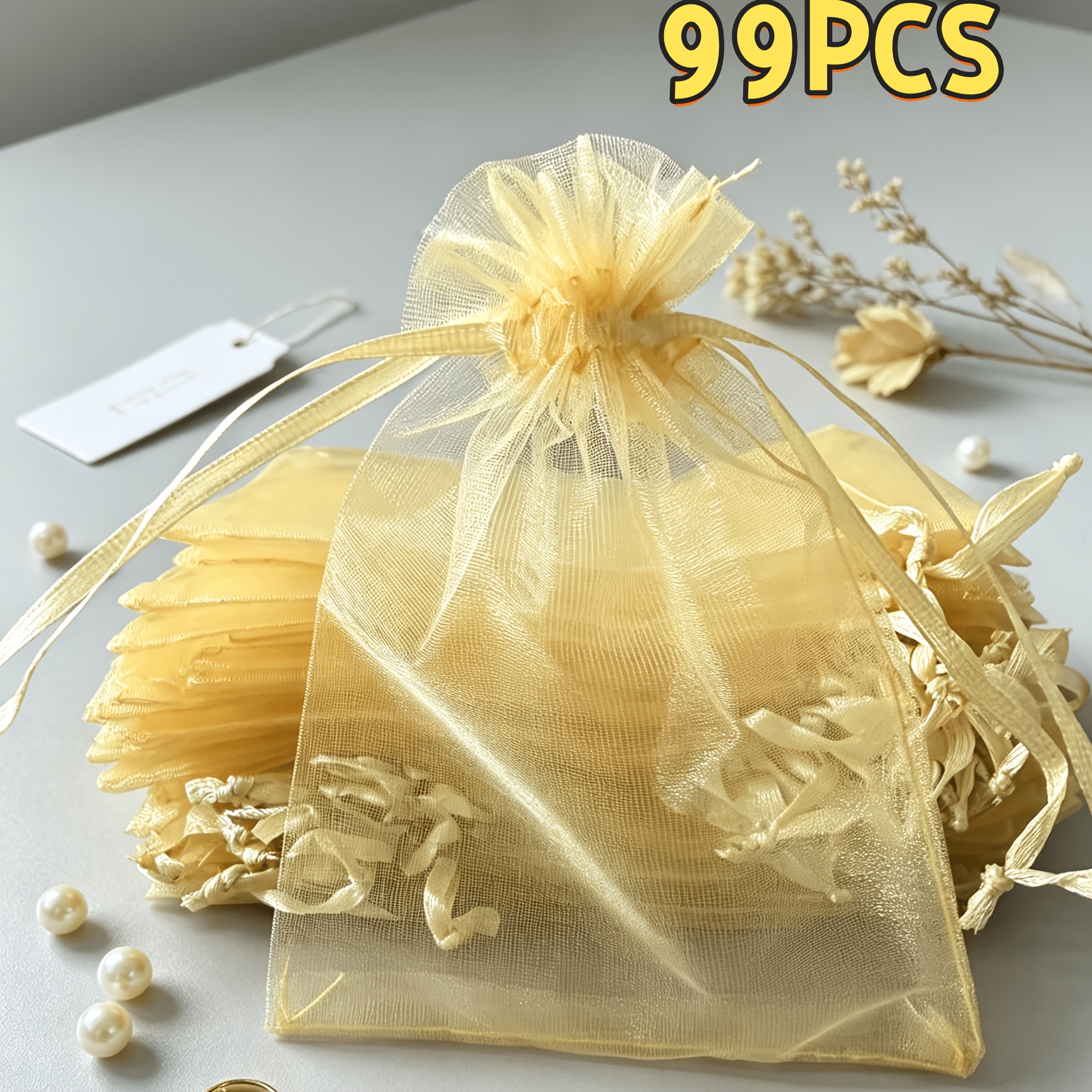 TEMU Cadeau pour Elle/Lui 99pcs Sacs Cadeaux en Organza Doré, Fournitures d'Emballage Cadeau, Sacs en Filet Coloré avec Cordon de Serrage en Ruban