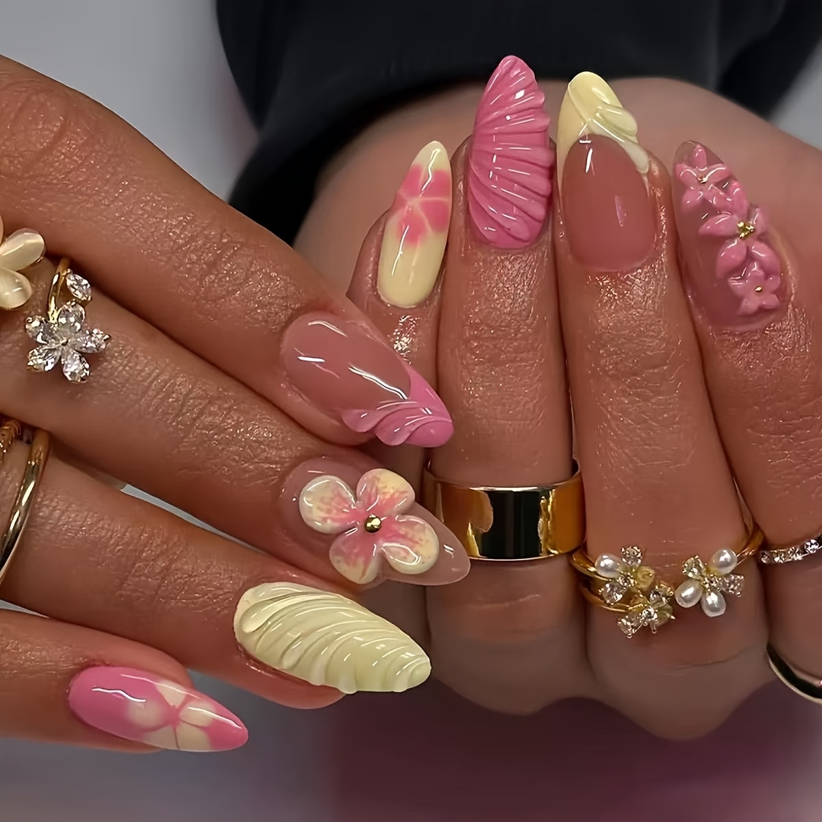 TEMU 24 stuks amandelvormige persnagels geschikt voor vrouwen - voorgevormde afneembare waterdruppel bloem nagelkunst met roze/geel kleurverloop,