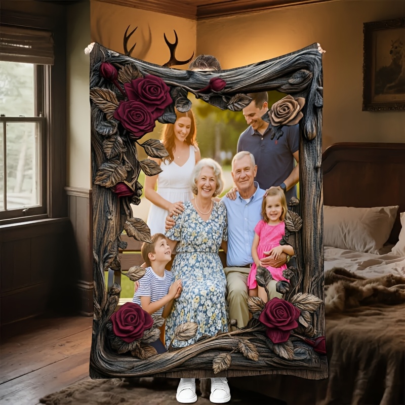 TEMU 1pc Custom Personalized Family Photo Fleece Blanket - Soft, Warm, Lightweight For Indoor Year Round - A Cozy Companion For Sofa, Camping, And