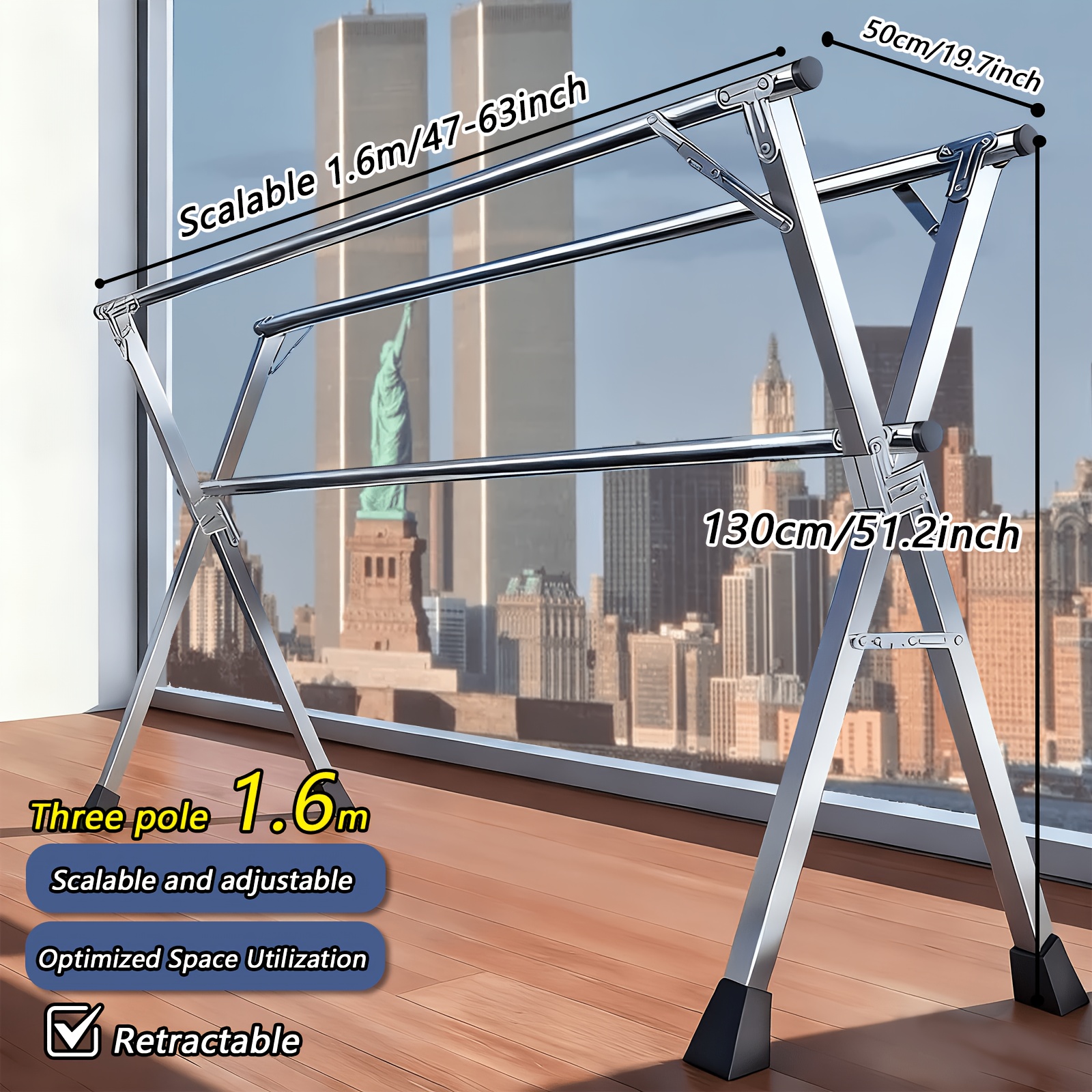 TEMU Foldable Metal Clothes Drying Rack, Adjustable 3 Rod, With Space-saving Storage, For Indoor And Outdoor Use, For Clothes, Blankets And Bedding,