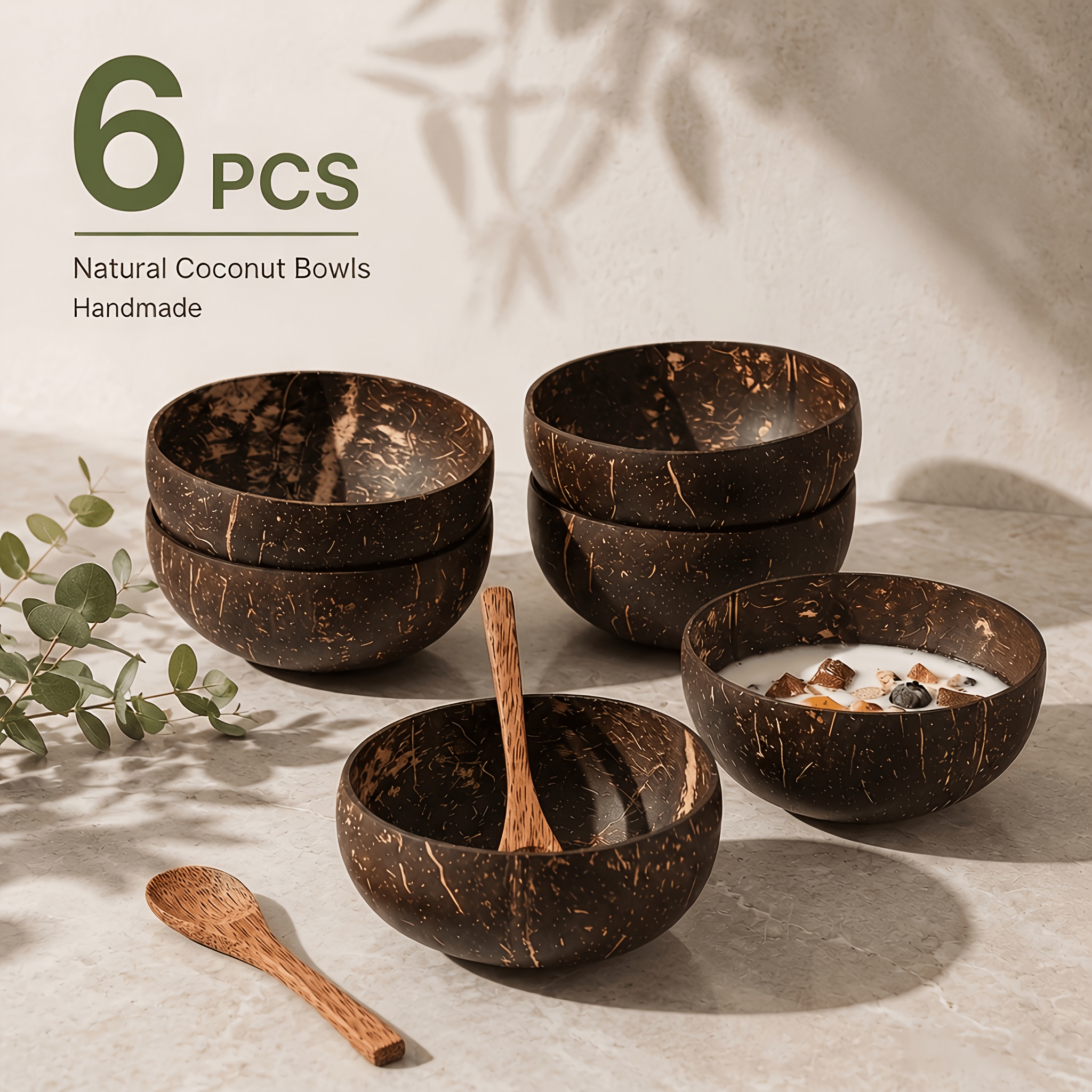 Image of Set Of 6pcs Coconut Shell Bowls, Handmade Serving Bowls, Round Cereal Salad Fruit Bowl For Kitchen Dining, For Breakfast Snack Smoothie Ice Cream Dessert Party Decor
