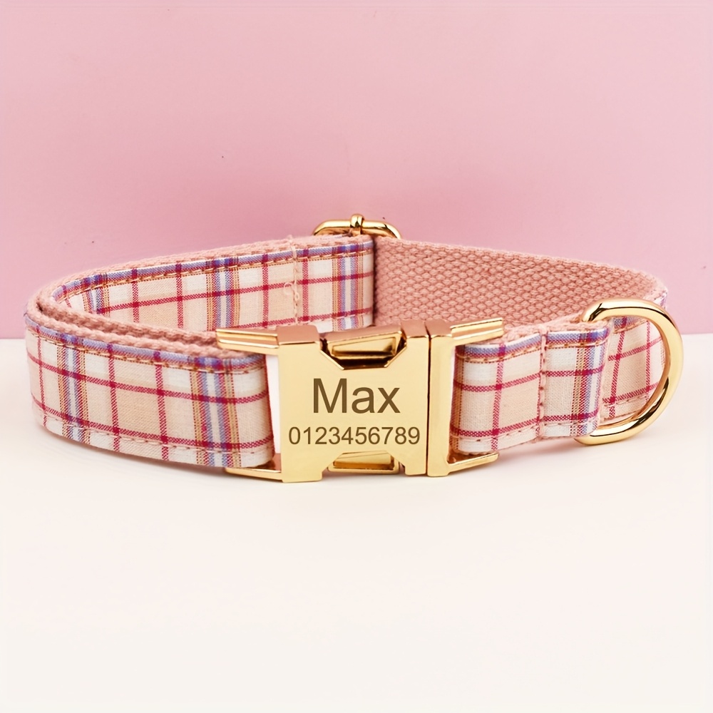 XINXIPETS Customized Plaid Dog Collar - Adjustable Metal Buckle, Personalized Name & Phone Engraving, Durable Polyester, Multi-Color Options for All Dog Sizes, Anti-Loss Safety Design, Dog Collar Personalized, Goldtoned Metal