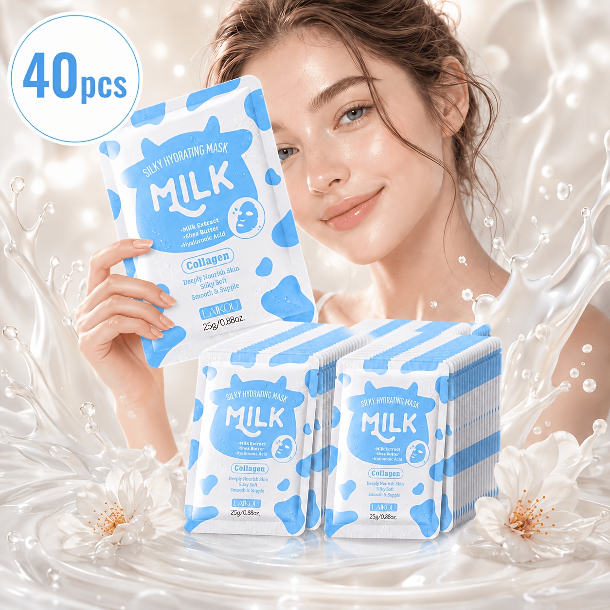 Image of Laikou Milk Y Moisturizing Face Mask 40pcs, Nourishes The Skin, Y And Soft, Non-greasy, Refreshing And Moisturizing For Summer. Suitable For Types.