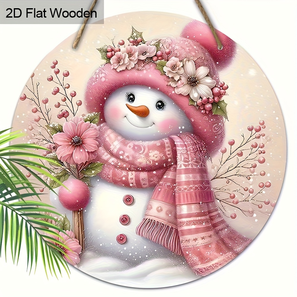 TEMU 2d Flat, 1pc Pink Wood Christmas Wreath With Snowman, Winter Flowers & Fruits - Flat Hanging Porch Wreath Suitable For Outdoor/ Tree, Fence