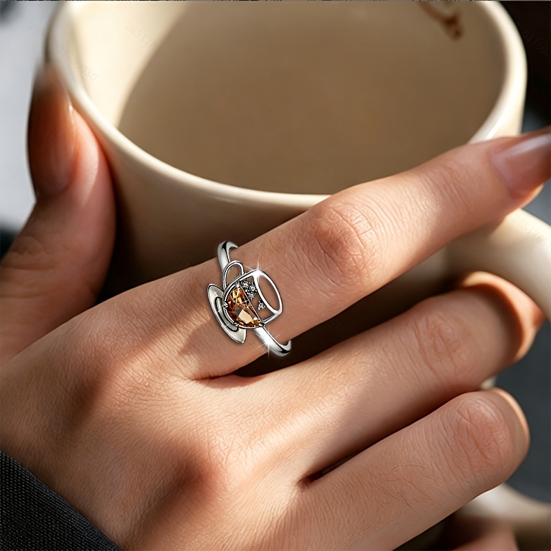 TEMU 1pc Bague Tendance Femme, Bague Tasse à Café et Originale pour Femmes, Bague Ouverte Argentée Brun Synthétique de Tasse à Thé, Bague Index Douce