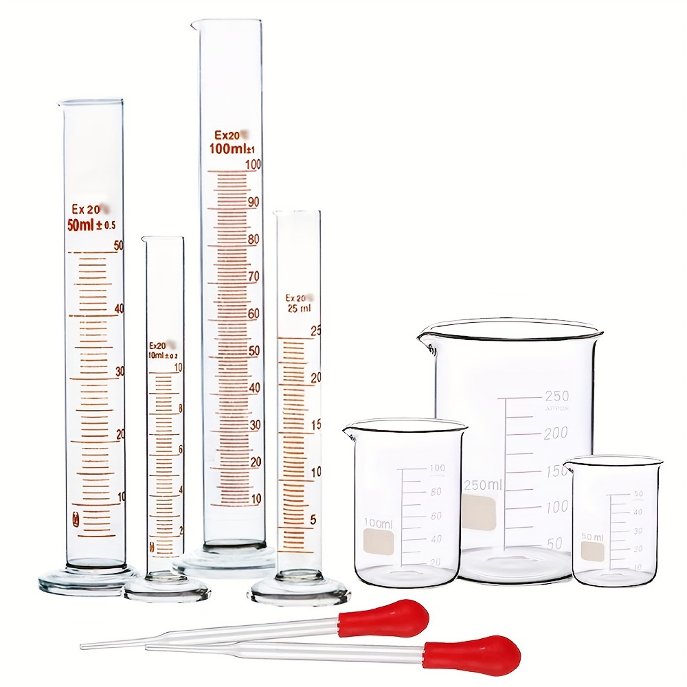

Glass Graduated Cylinder Set In 4 Sizes, 10ml 25ml 50ml 100ml, Thick Glass Beaker Set In 3 Sizes, 50ml 100ml 250ml With 2 Droppers, Scale Clear And Easy To Read