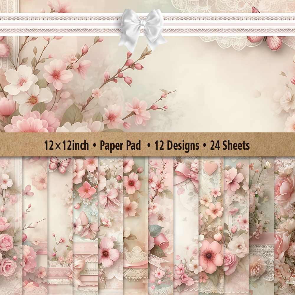TEMU 12/24 Sheets 12x12 Inch Paper Kit | Versatile Craft Paper For Scrapbooking, Gift Tags & Planner Decor - Aesthetic & Durable Designs - Pink Retro