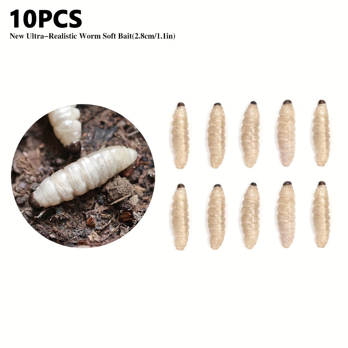 E-shop 10 Stück Realistische Maden-Köder, Hochwertige Schwimmende PVC-Würmer/Weiche Maden, 2,8 cm/1,1 Zoll Weichköder für Lachsfischen, , Barsch,