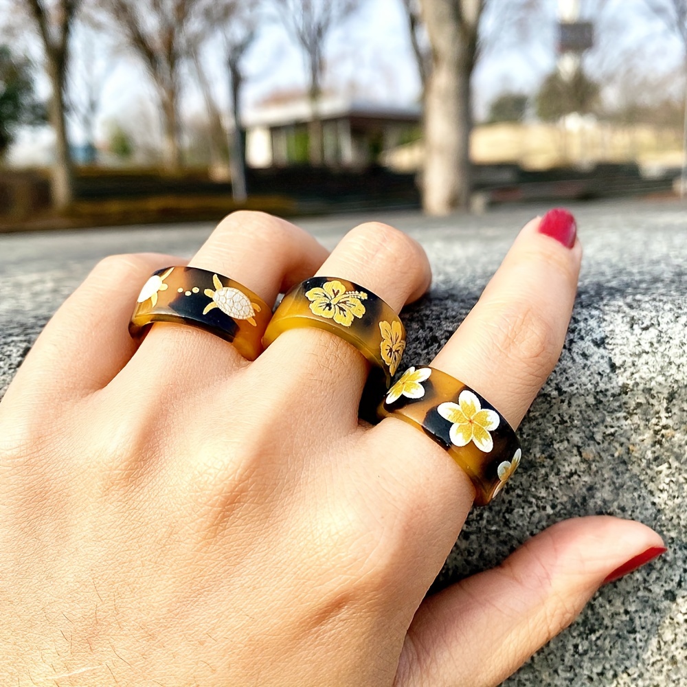 3pcs Hawaiian Tropical Flower Animal Printed Open Ring Set