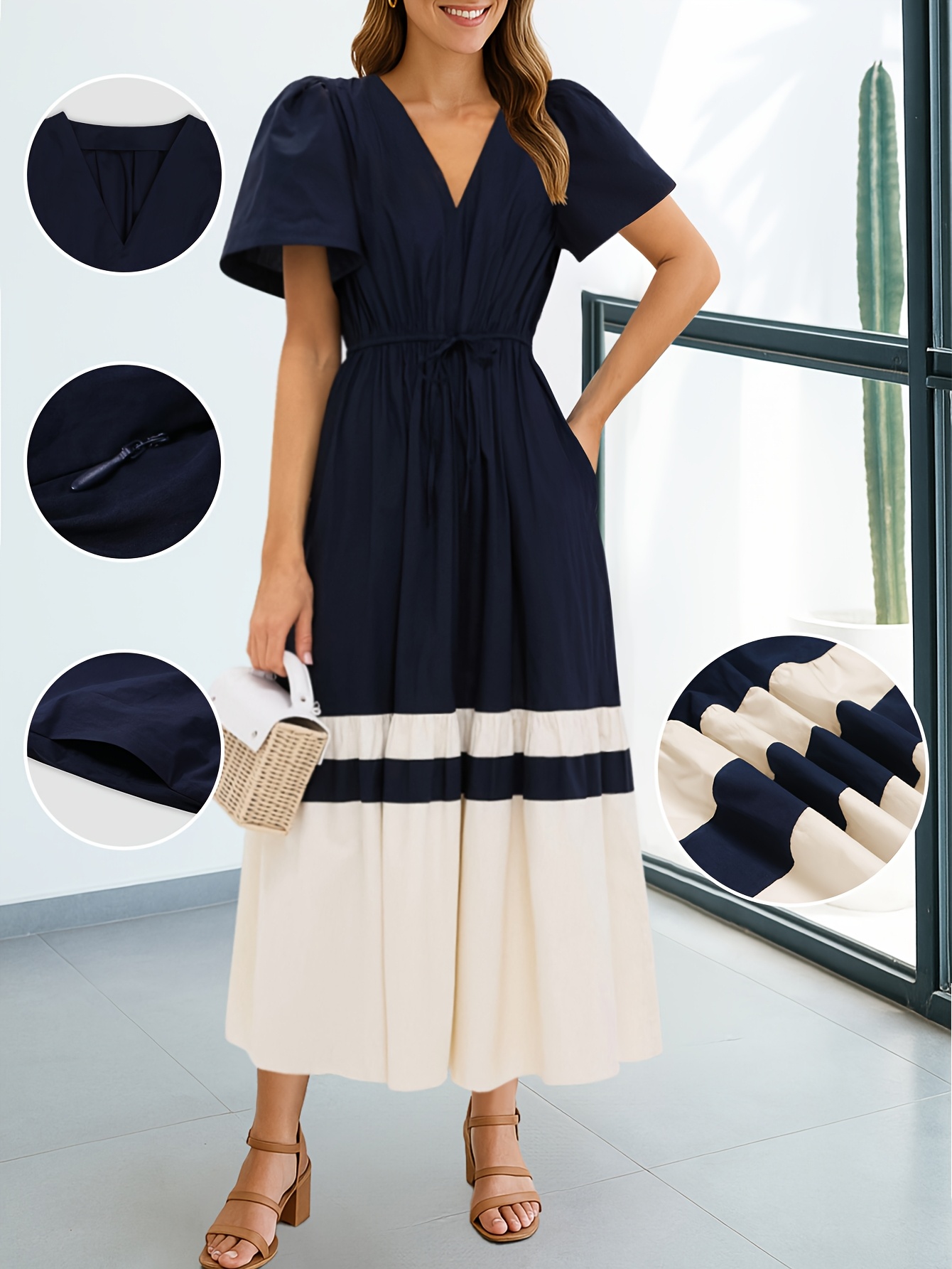 Women'S Spring And Autumn Navy Blue And Cream Solid Color Dress - V-Neck  with Large * Short Sleeves, A-Line Mini Skirt with Pockets, Machine  Washable * Vacation Outfits, Made of Lightweight Fabric *